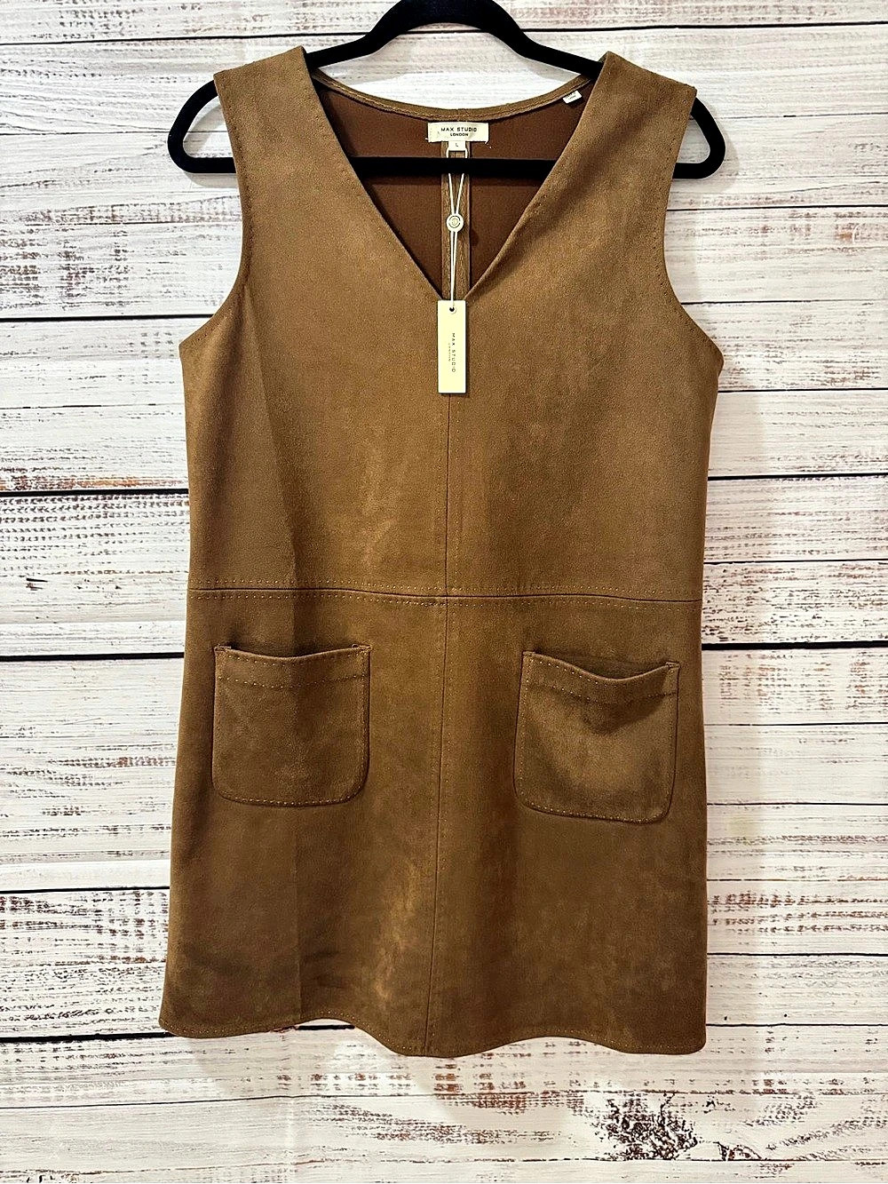 Max Studio Sleeveless Faux Suede V Neck Dress Sleeveless Mini Dress in Brown